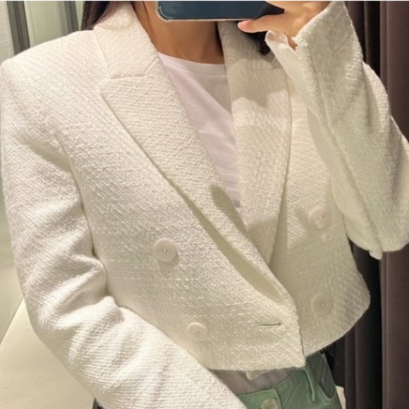 ZARA OYSTER WHITE TWEED DOUBLE BREASTED CROPPED BLAZER $129 - Picture 6 of 16